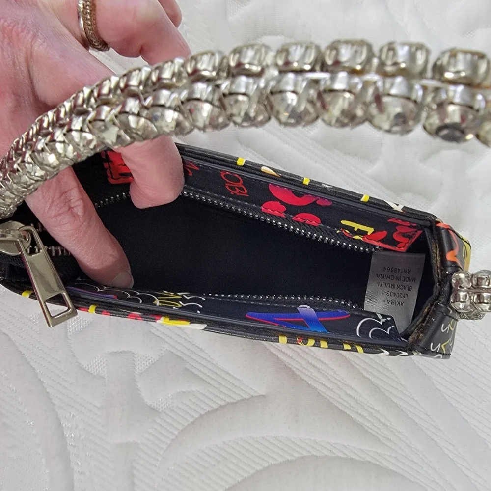 AKIRA Black Graffiti Heart Shaped Mini Bag Rhinestone Handle Bling Going Out - Picture 6 of 13